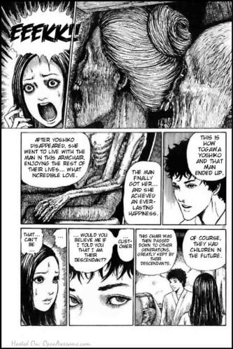Being a manga artist closely associated with horror, Ito’s version departs from the original by adding a framing story involving the great-grandson of the chairmaker and Yoshiko, and elements of horror including two dessicated corpses hidden inside the chair (elements which are not found in the original).